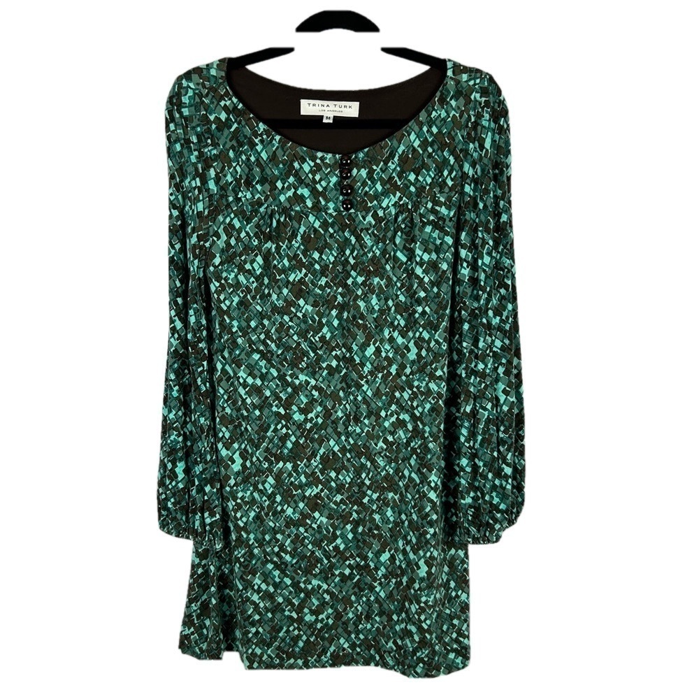 Trina Turk Modest Geometric Long Sleeve Boat Neck Shift Dress Medium Green Brown